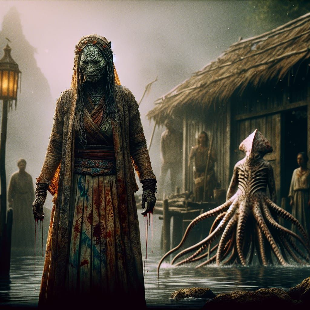 Horror Scene: Slimy Deep-Sea Humanoid in Photorealistic Styl...