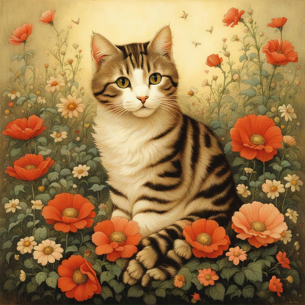 Cat Surrounded by Flowers in Nihonga Style