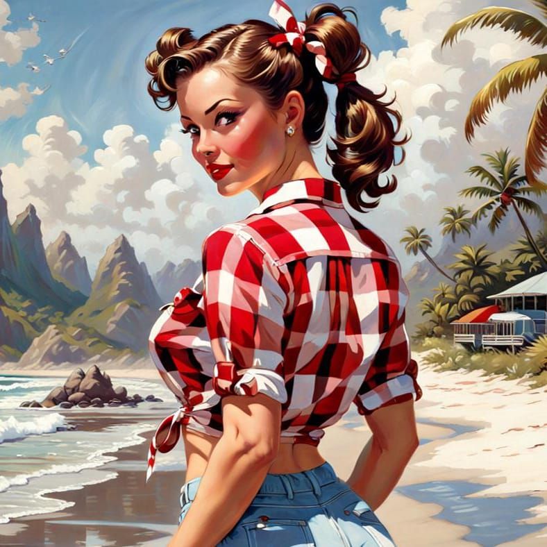 Tropical Pin-Up Girl in Impressionistic Oil Painting