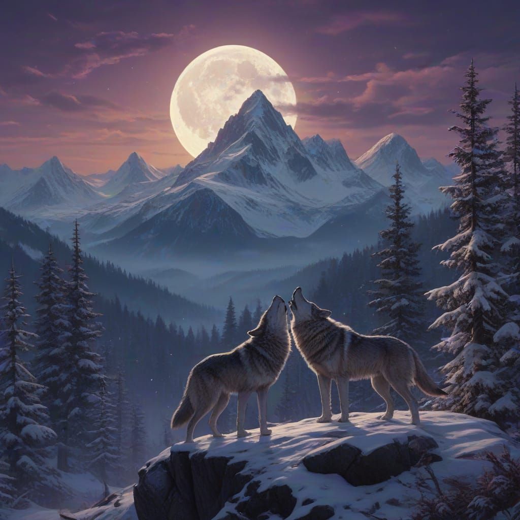Misty Mountains Under Full Moon with Howling Wolves