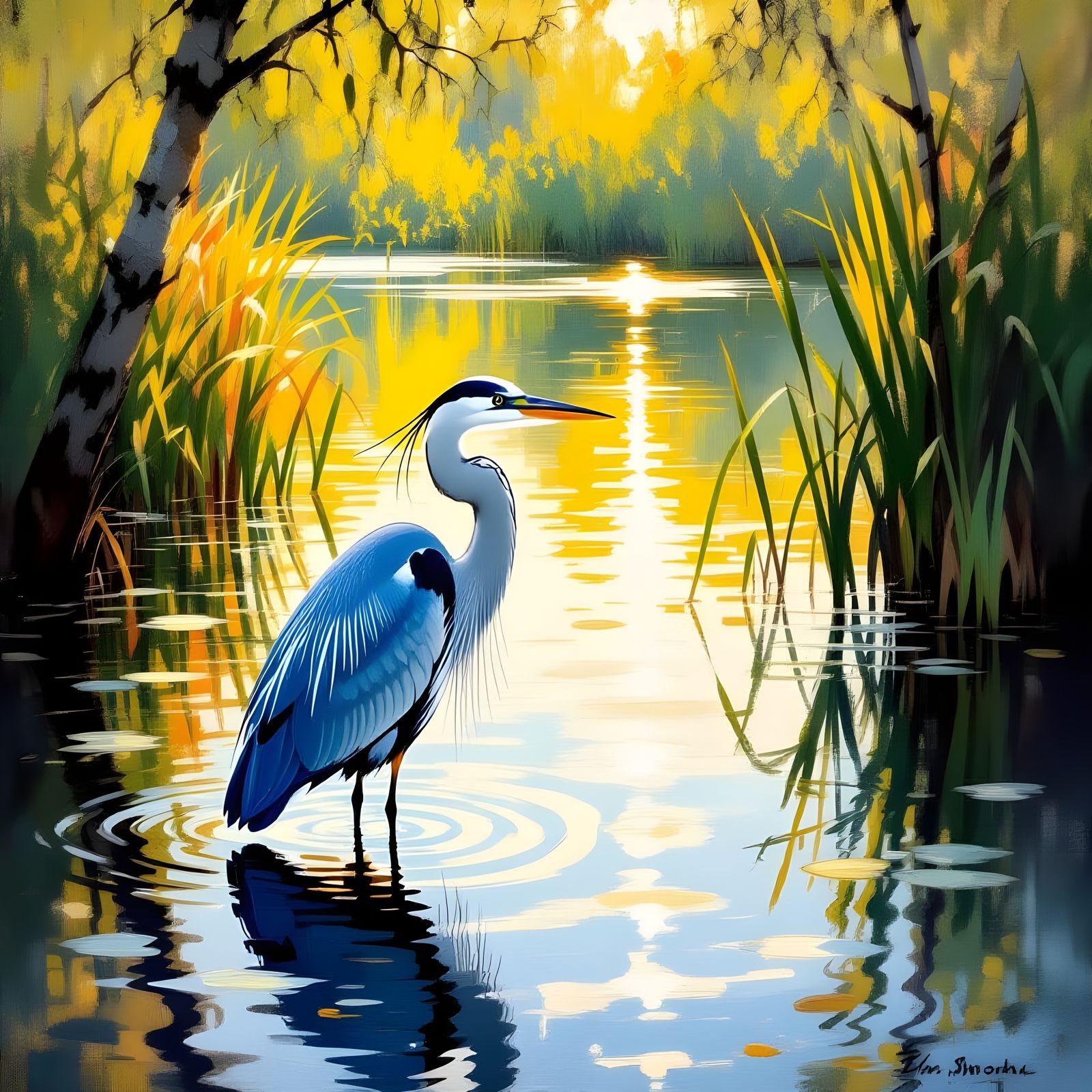 Great Blue Heron in Wooded Lakeside Cove