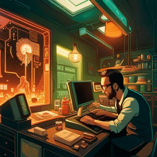 Cyberpunk Scientist in Laboratory, Detailed Artwork