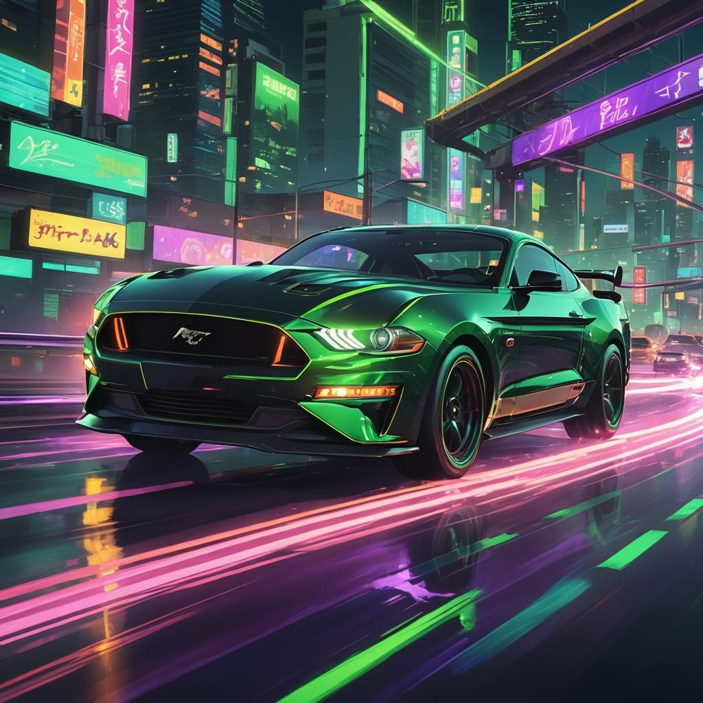 Surreal Black Mustang Speeds Down a Vibrant Highway in Cel-S...