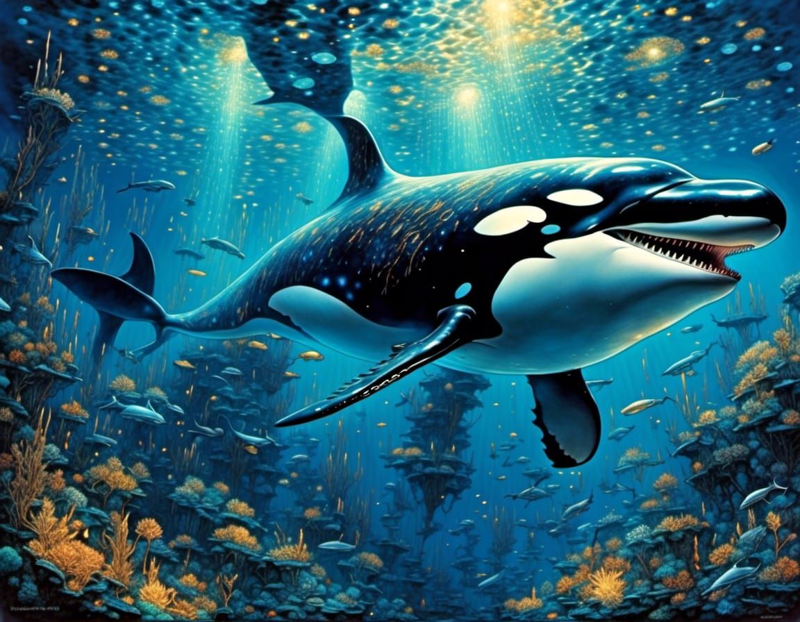 Bioluminescent Killerwhale in Underwater Ray Lights