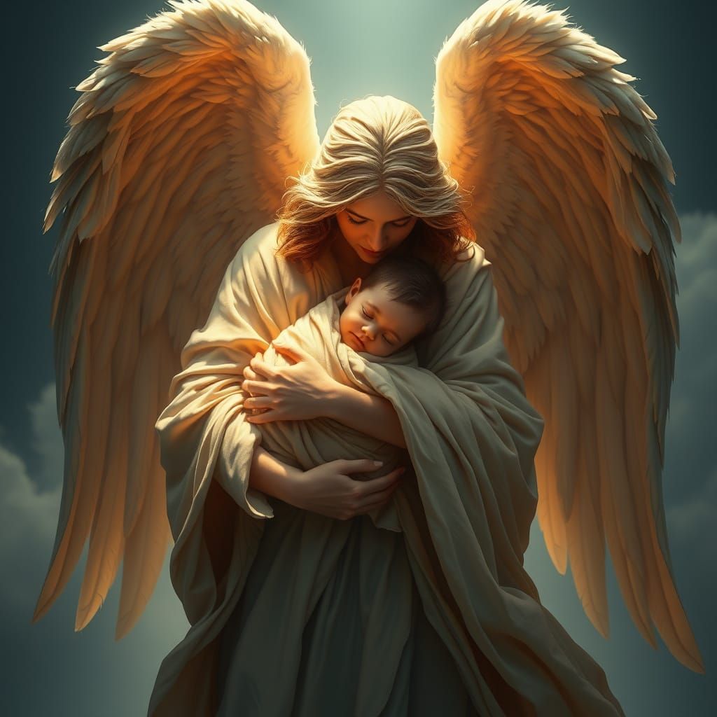 Majestic Guardian Angel Embraces a Serene Baby in a Grand Di...