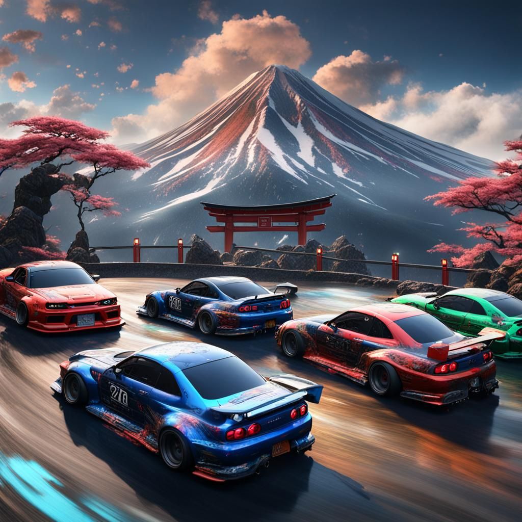 Drift Cars on Japan Mountain Road in Detailed Painting