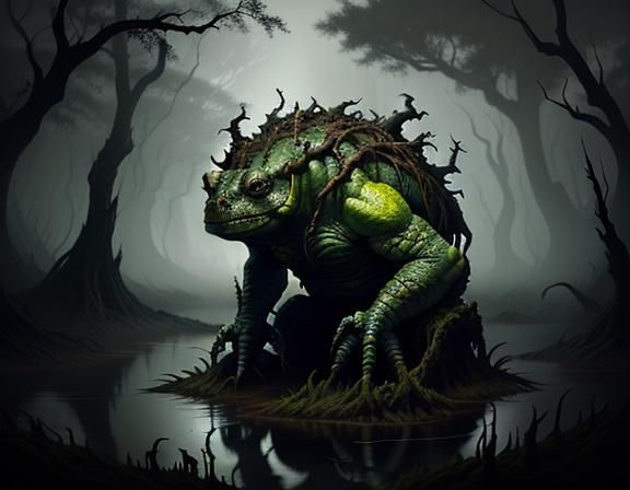 Menacing Bullywug in Murky Swamp, Dark Fantasy Art