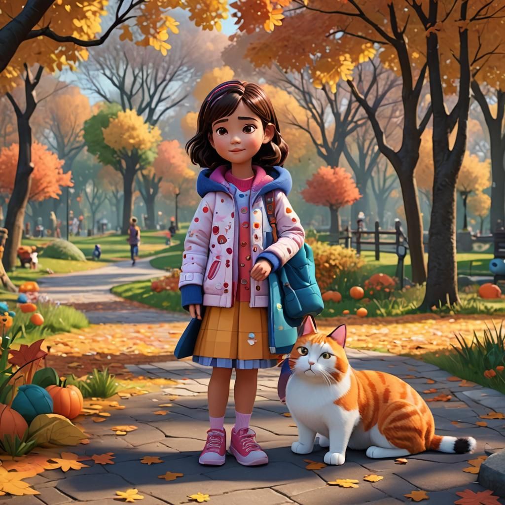 Girl Hugs Cat in Autumn Park: 3D Render