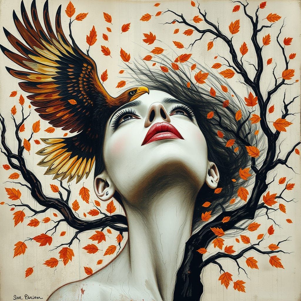 a beautiful female face, an eagle, a tree, mixed media gestu...