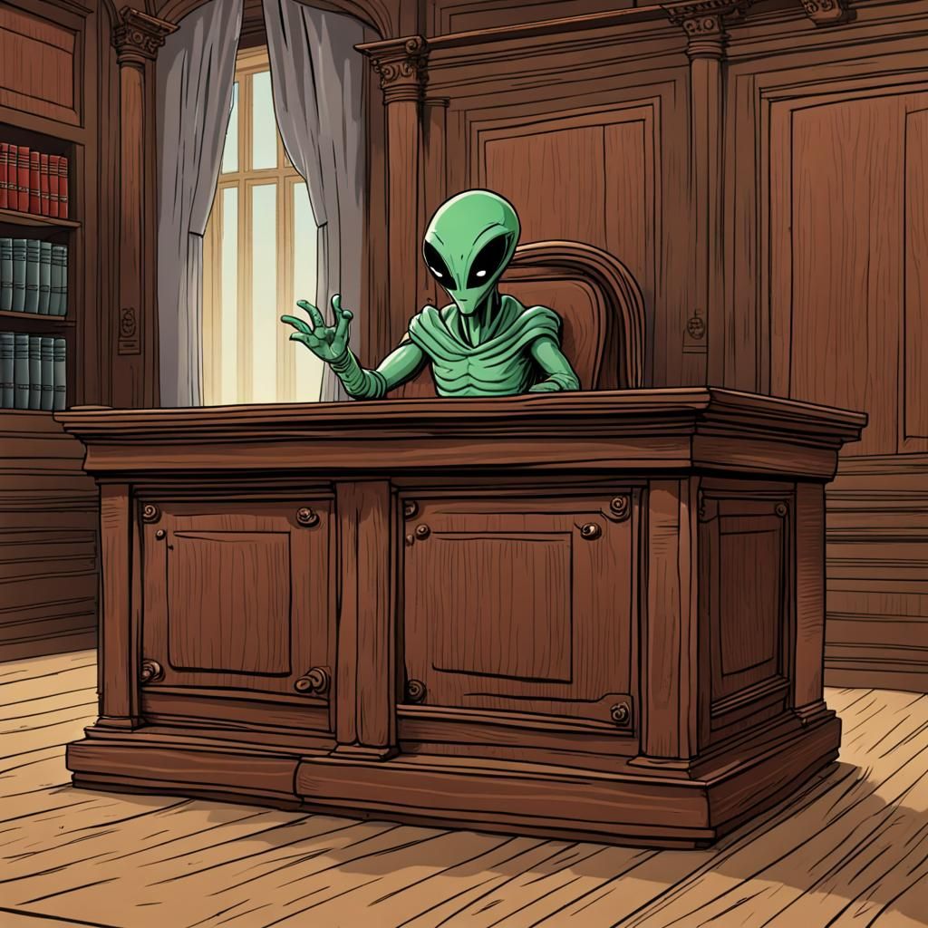 Alien Judge Presiding in Antique Wooden Courtroom