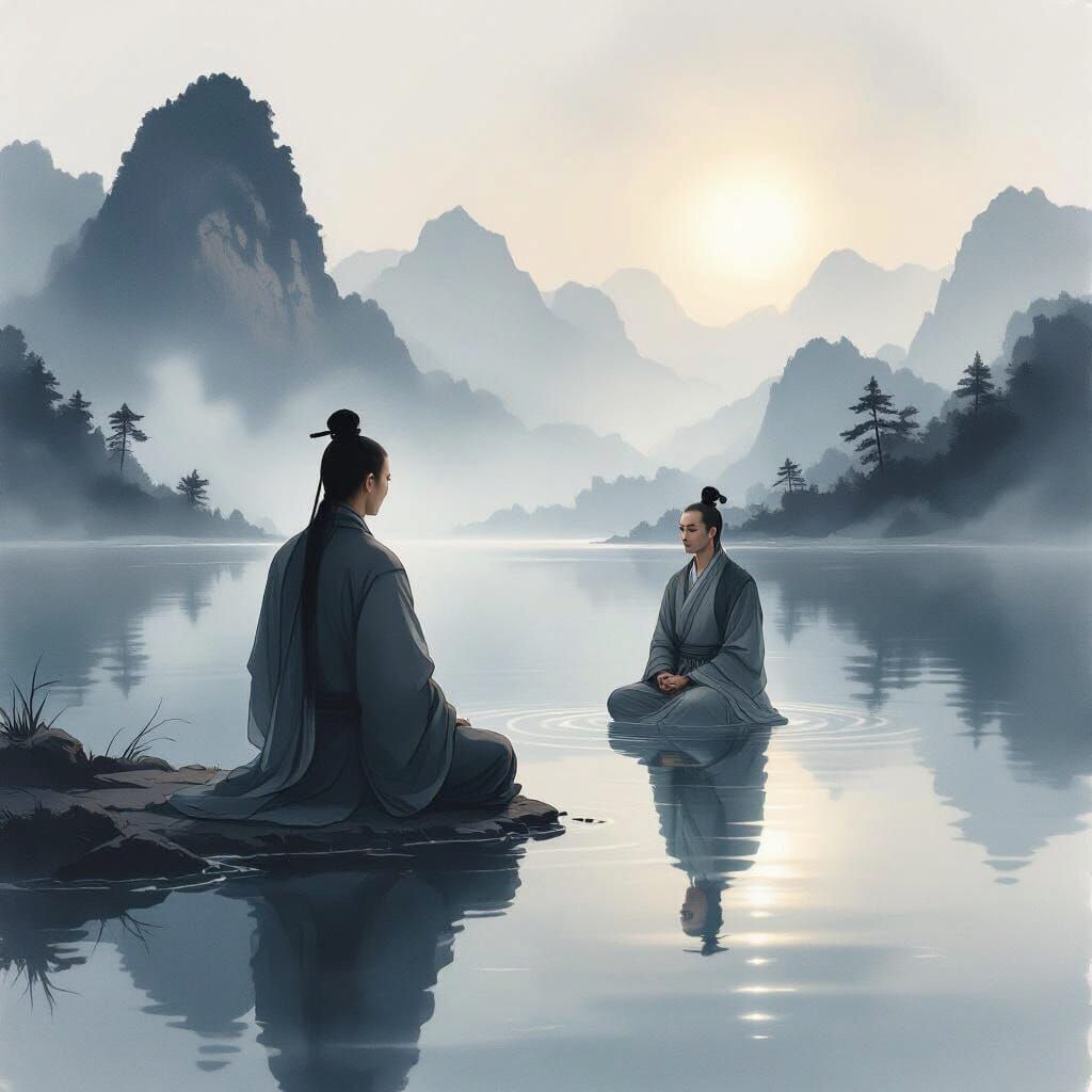 Monk's Reflection in Lake: 8th Century Chinese Ink Wash Pain...