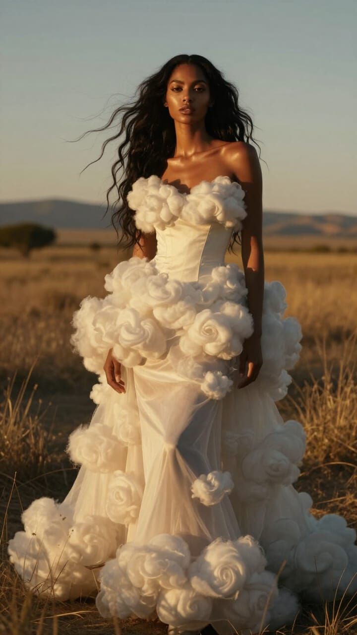 Avant-Garde Model in Ethereal Cloud Gown at Golden Hour
