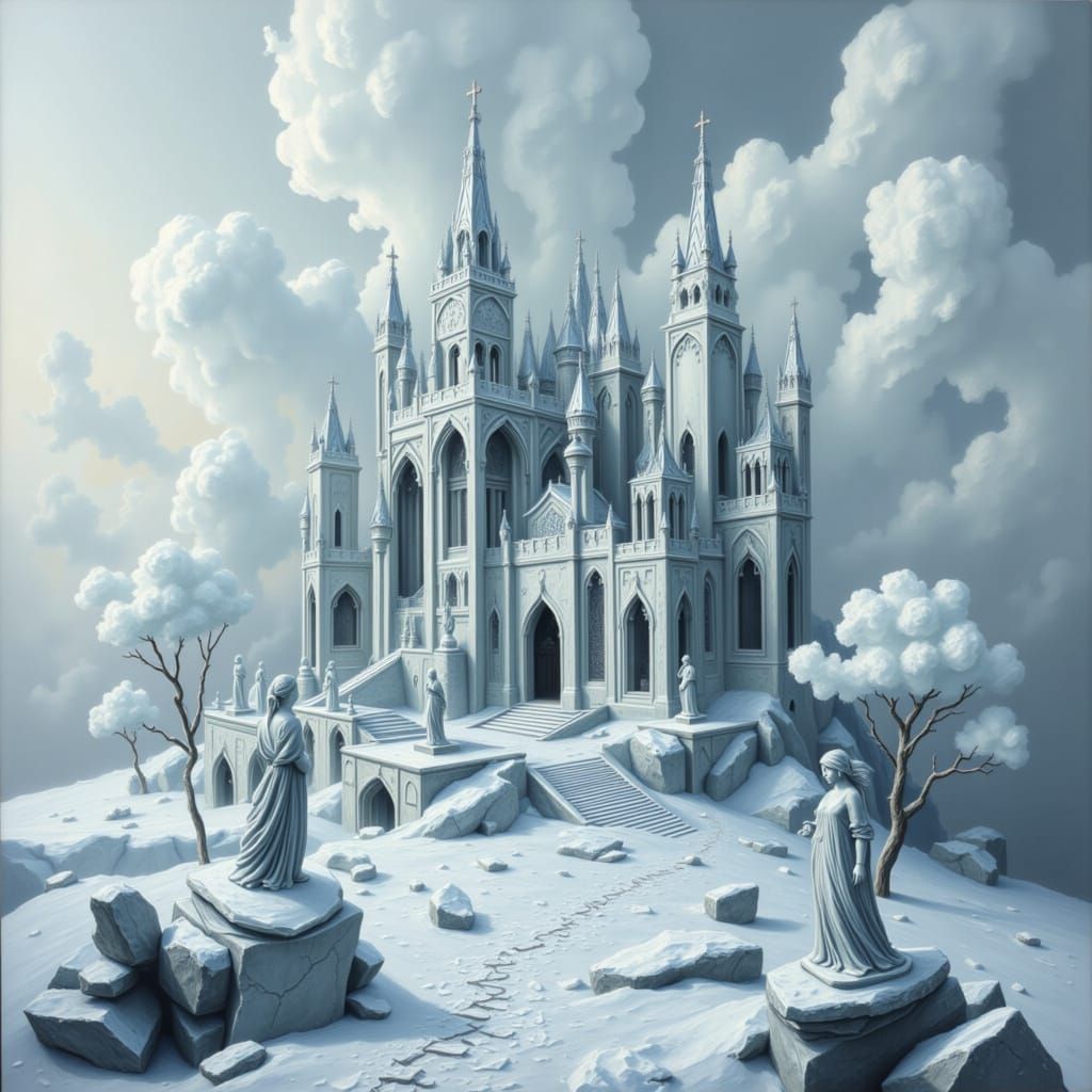 Majestic Silver Castle in Clouds: Art Nouveau Style