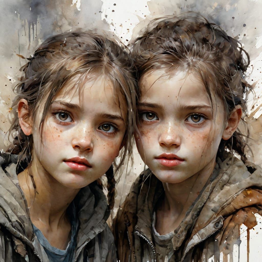 Rustic Watercolor Portrait of Young Siblings