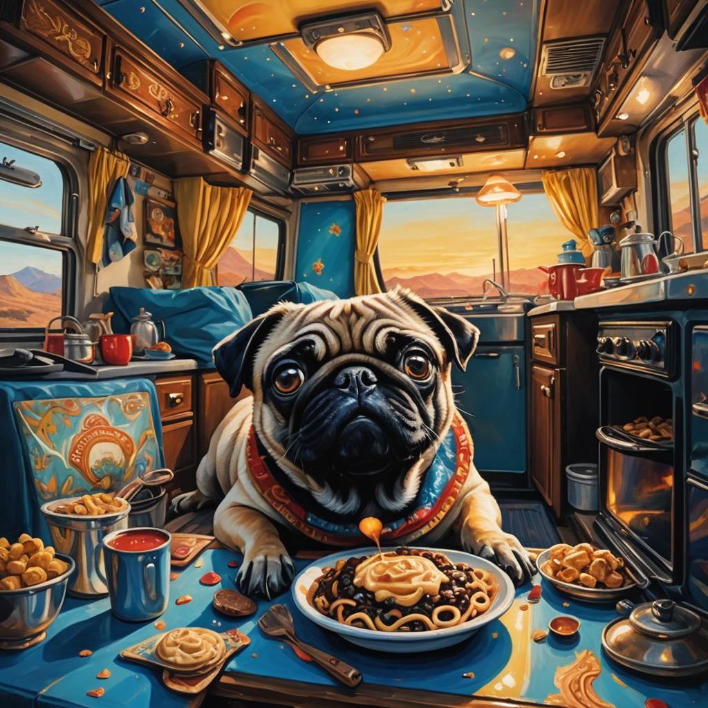 Pug Chef Cooks Macaroni: Whimsical Oil Painting