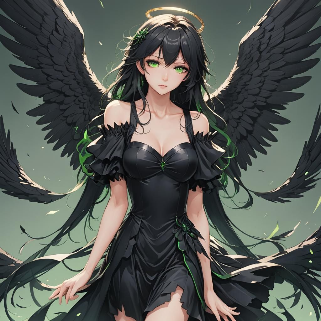Fallen Angel with Black Wings in Anime Style