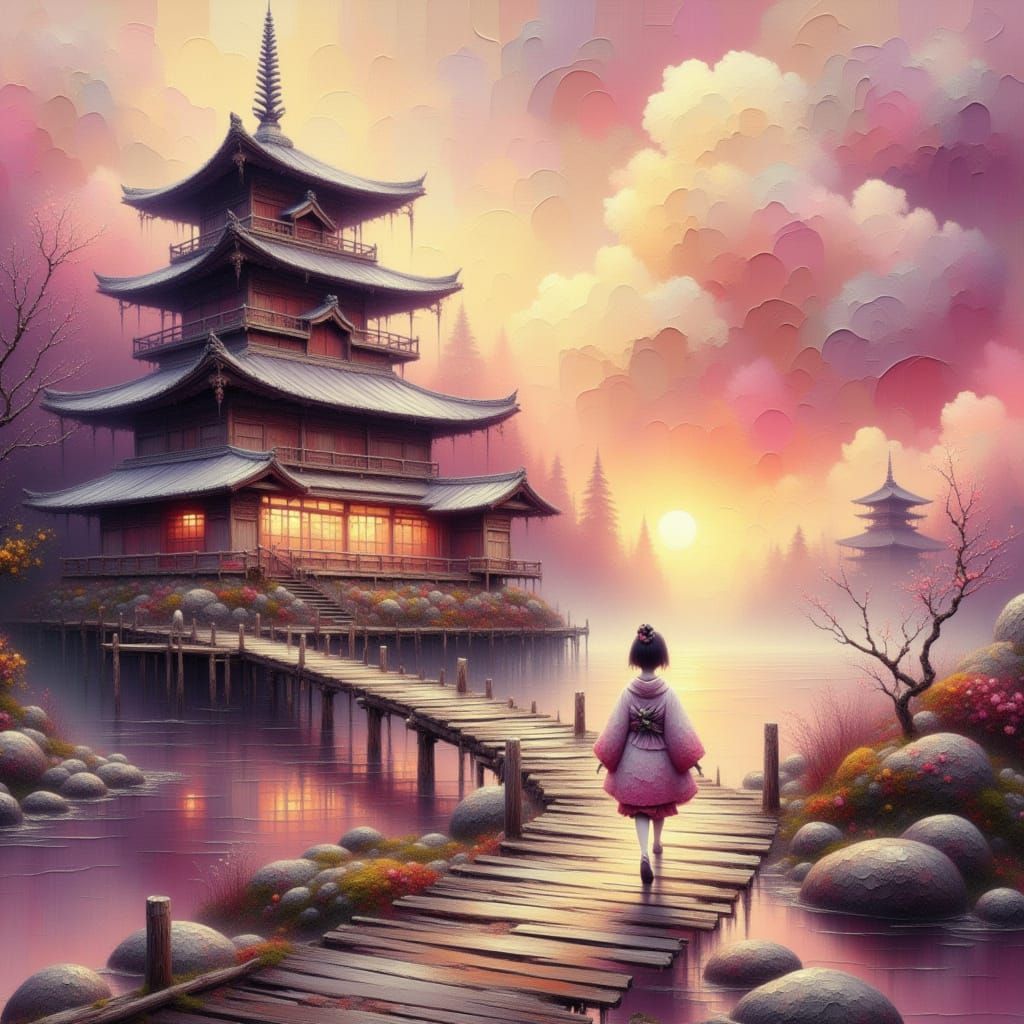 Serene Japanese Pagoda at Sunrise in Ukiyo-e Style