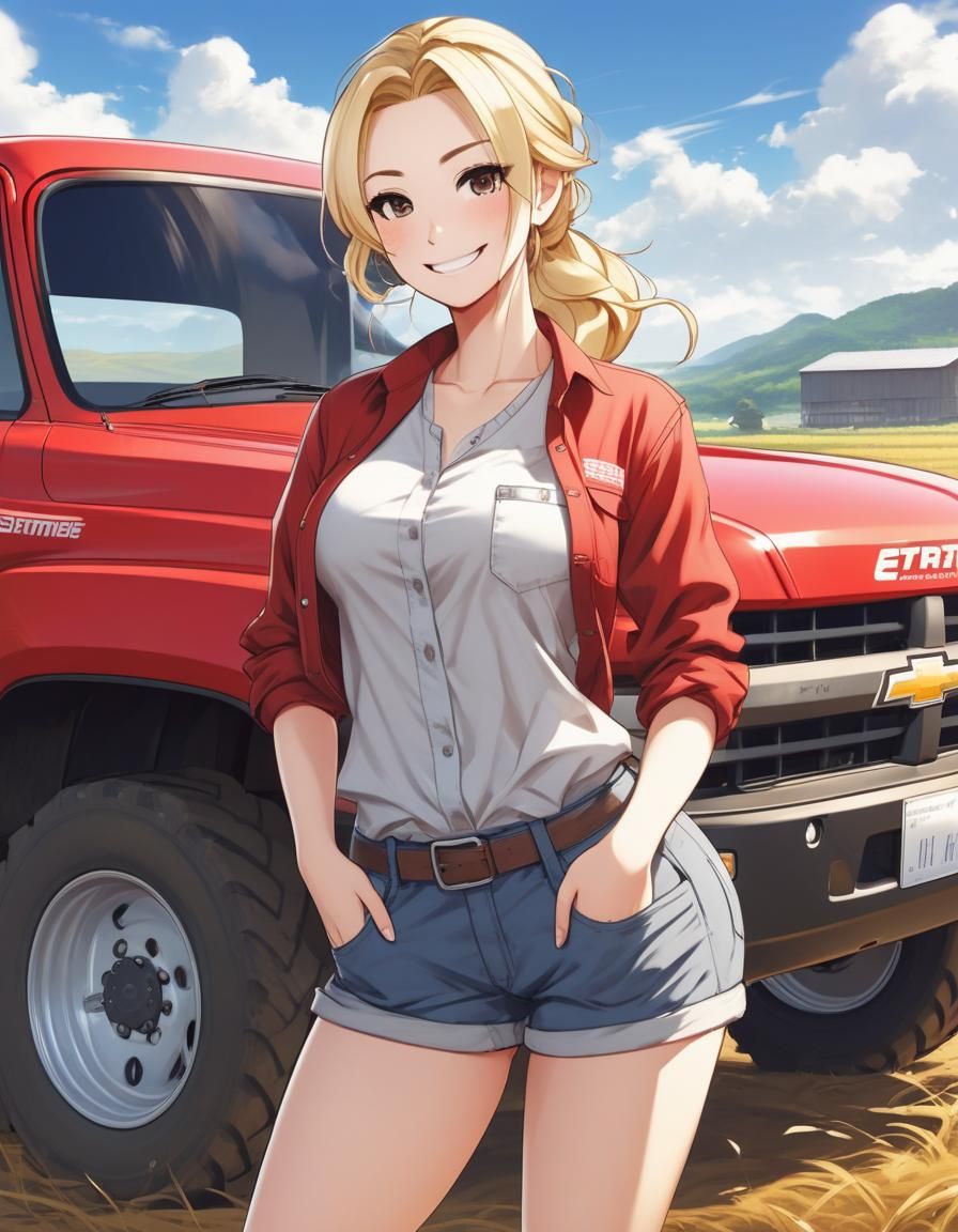 Blonde Farm Woman With Red Truck, Anime Style