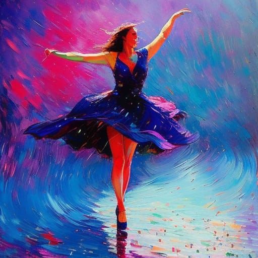 Girl Dancing in Rain, Impasto Style Painting