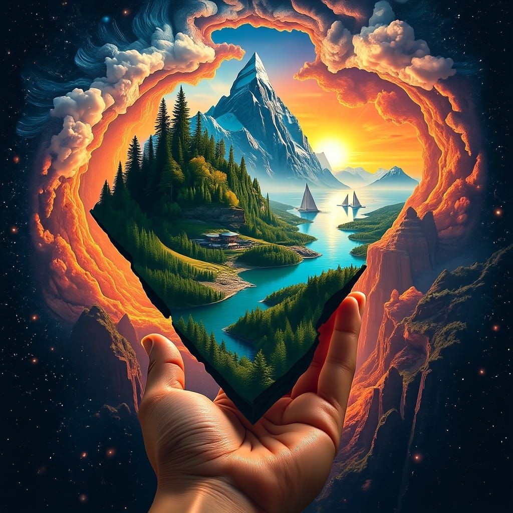 Surreal Landscape Held by Hand, Escher-Inspired