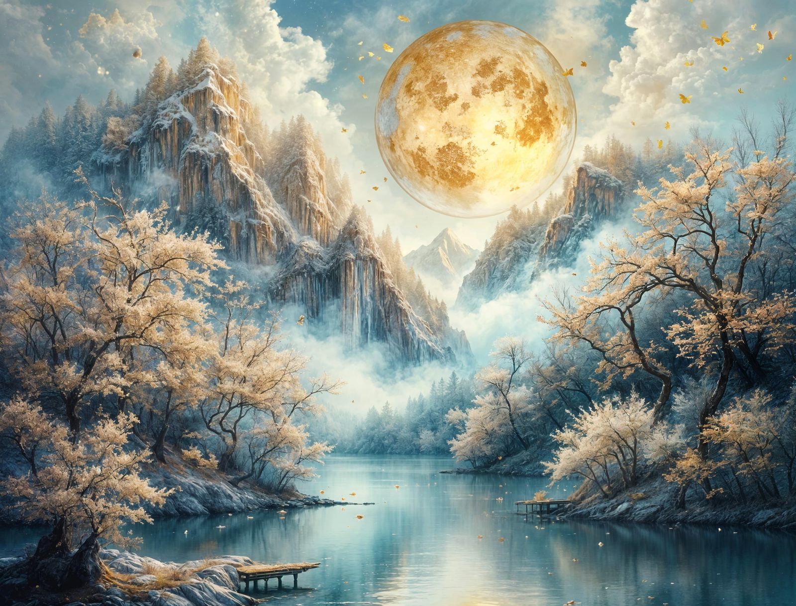 Ethereal Snowy Mountains and Blossoms in Shimmering Moonligh...