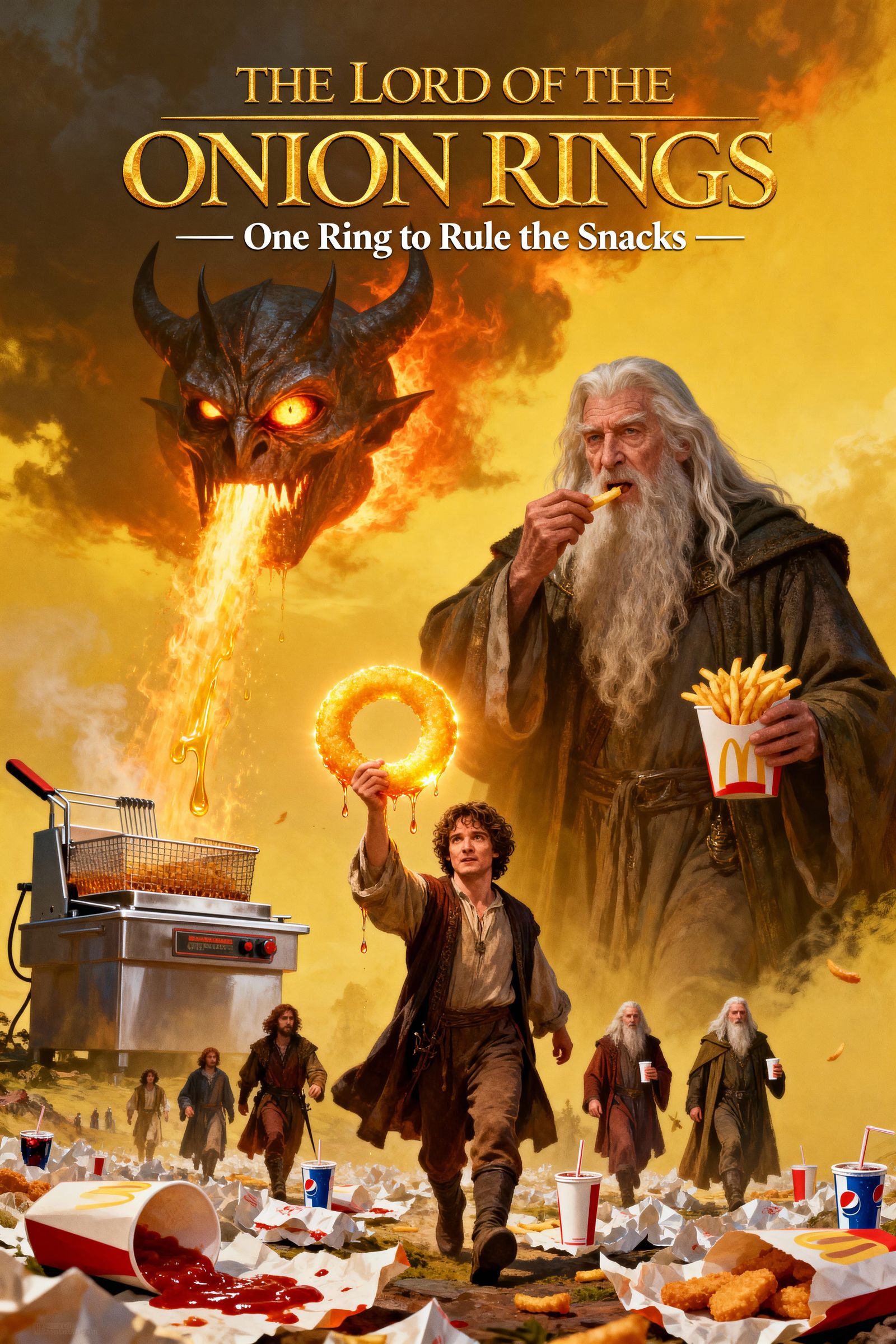 Fantasy Comedy Poster: Frodo's Golden Onion Ring Adventure