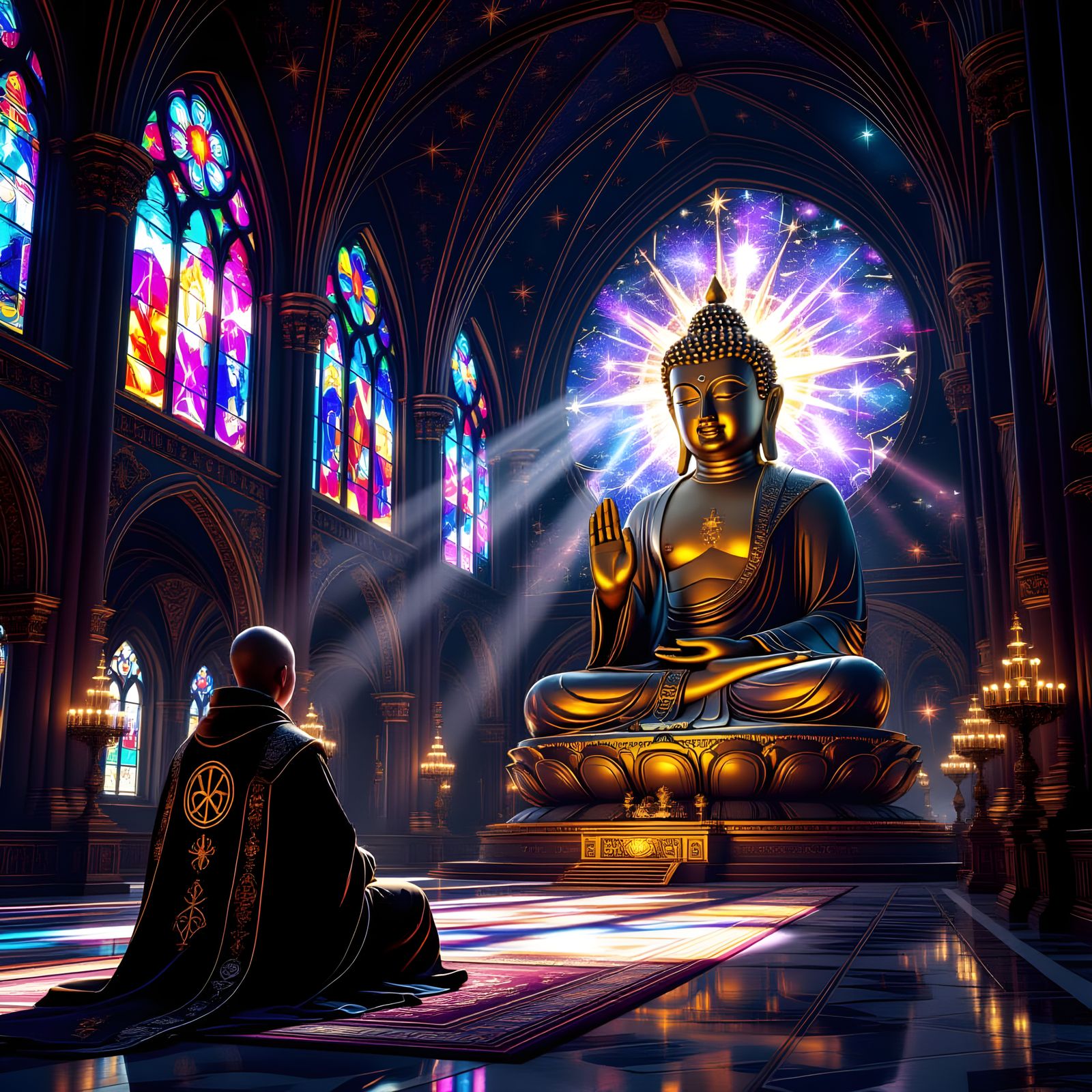 Monk Meditating Before Giant Buddha in Cosmic Cathedral
