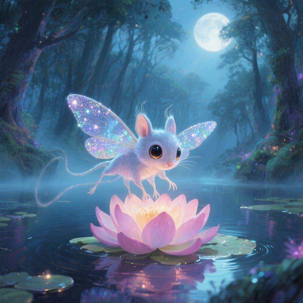 Ethereal Forest Creature in Enchanted Lotus Blossom