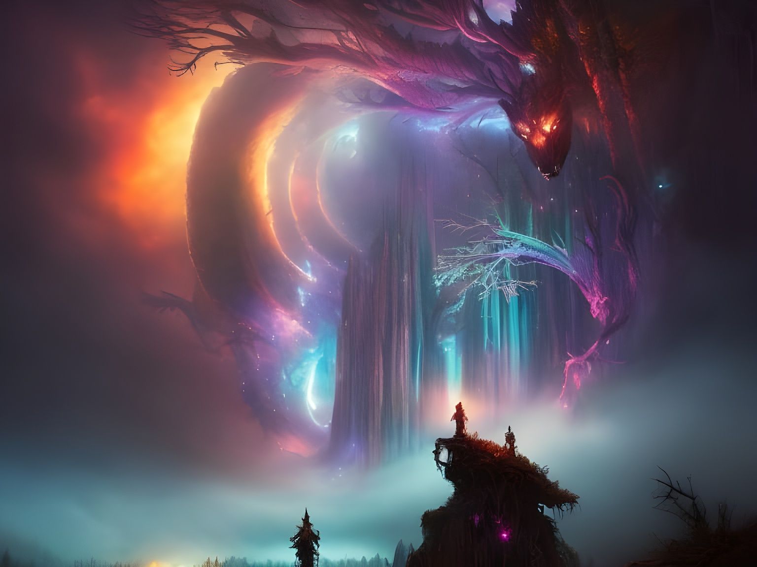 Enchanted Forest: Ghost, Wendigo, and Rainbow Sunset