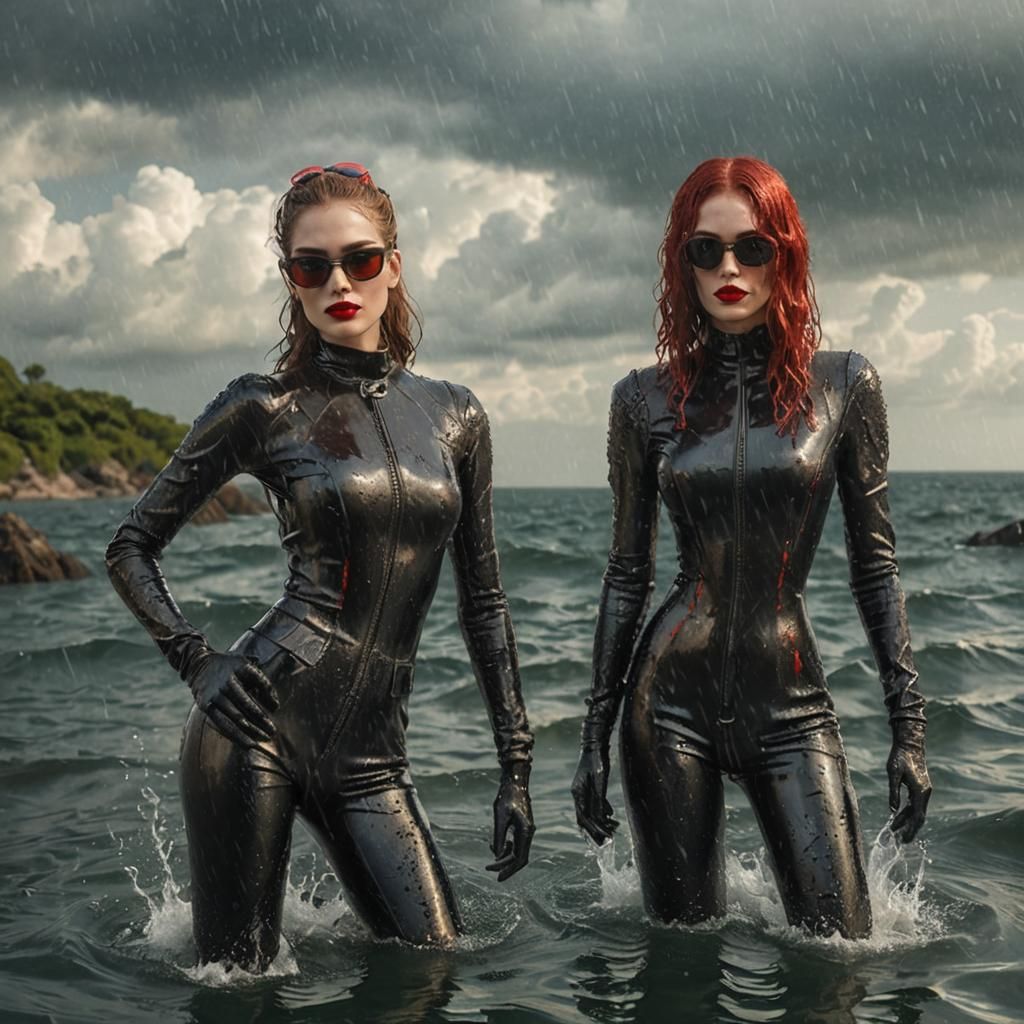 Glamorous Women in Wet Leather Catsuits, Matte Painting