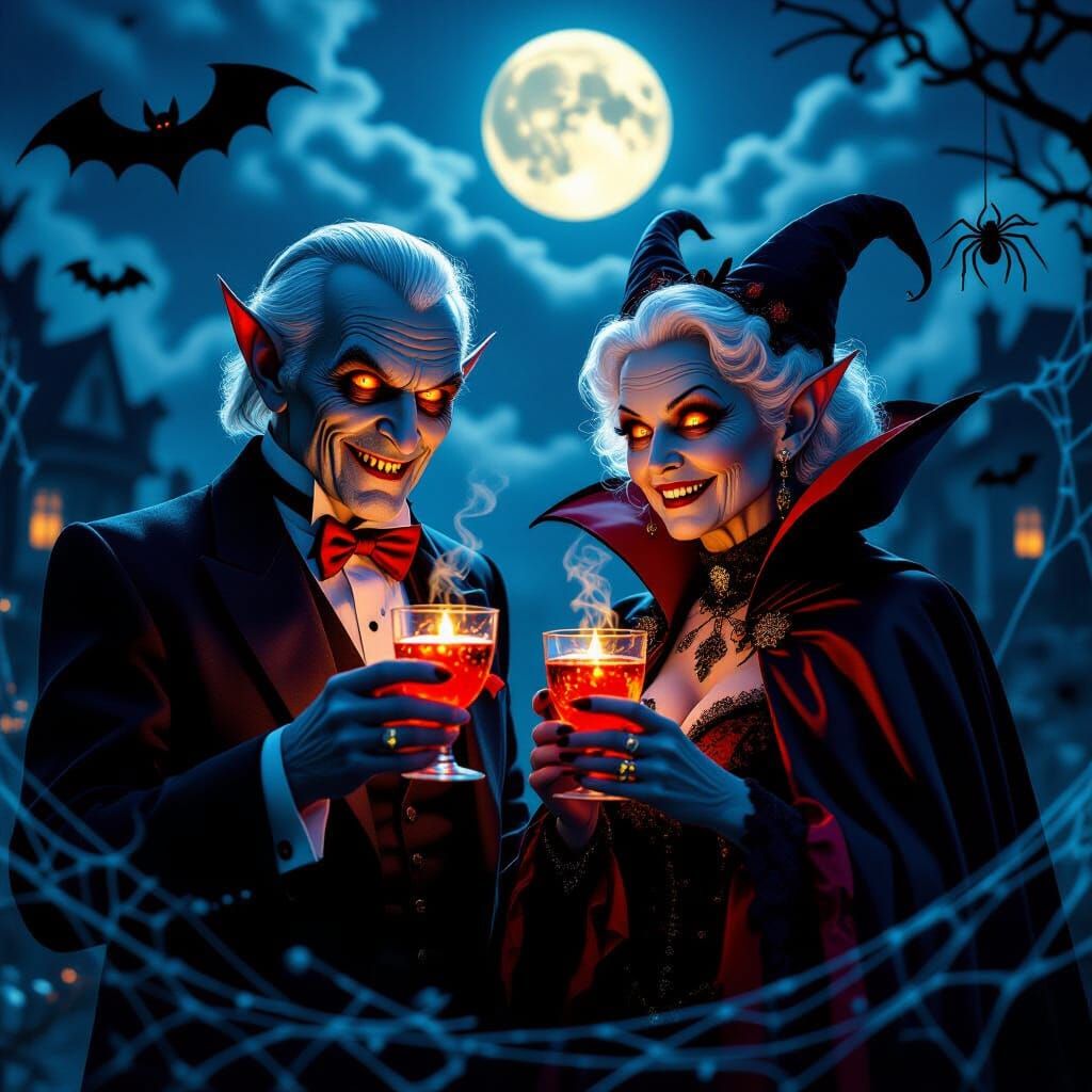 Gothic Vampire Couple with Glowing Eyes in Halloween Night