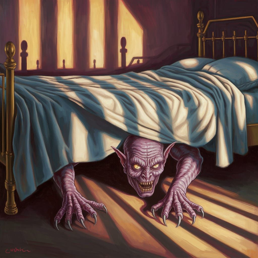 Gothic Monster Lurks Beneath the Bed in a Haunting Scene