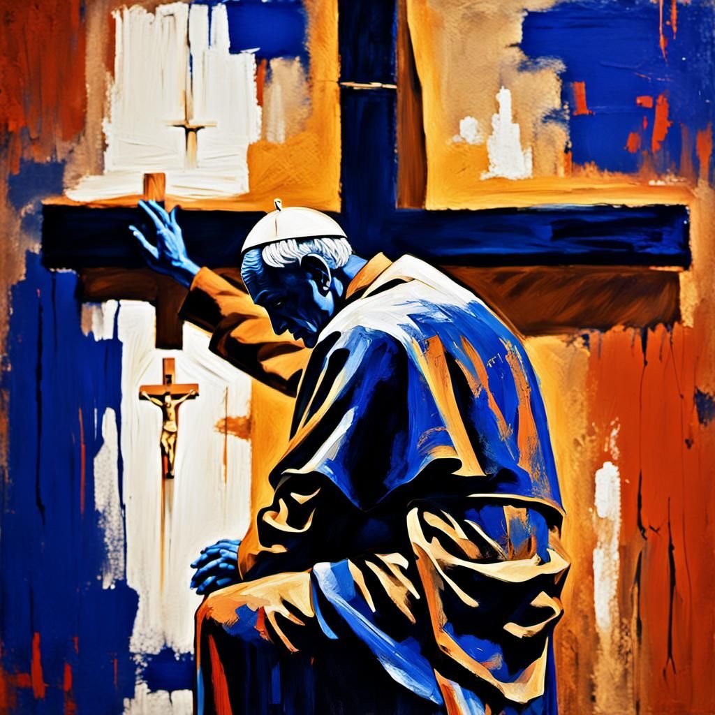 Pope Kneeling Before Crucifix in Abstract Expressionism
