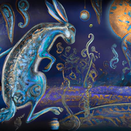 Mystical Hare in Moonlit Field: Folk Art Painting