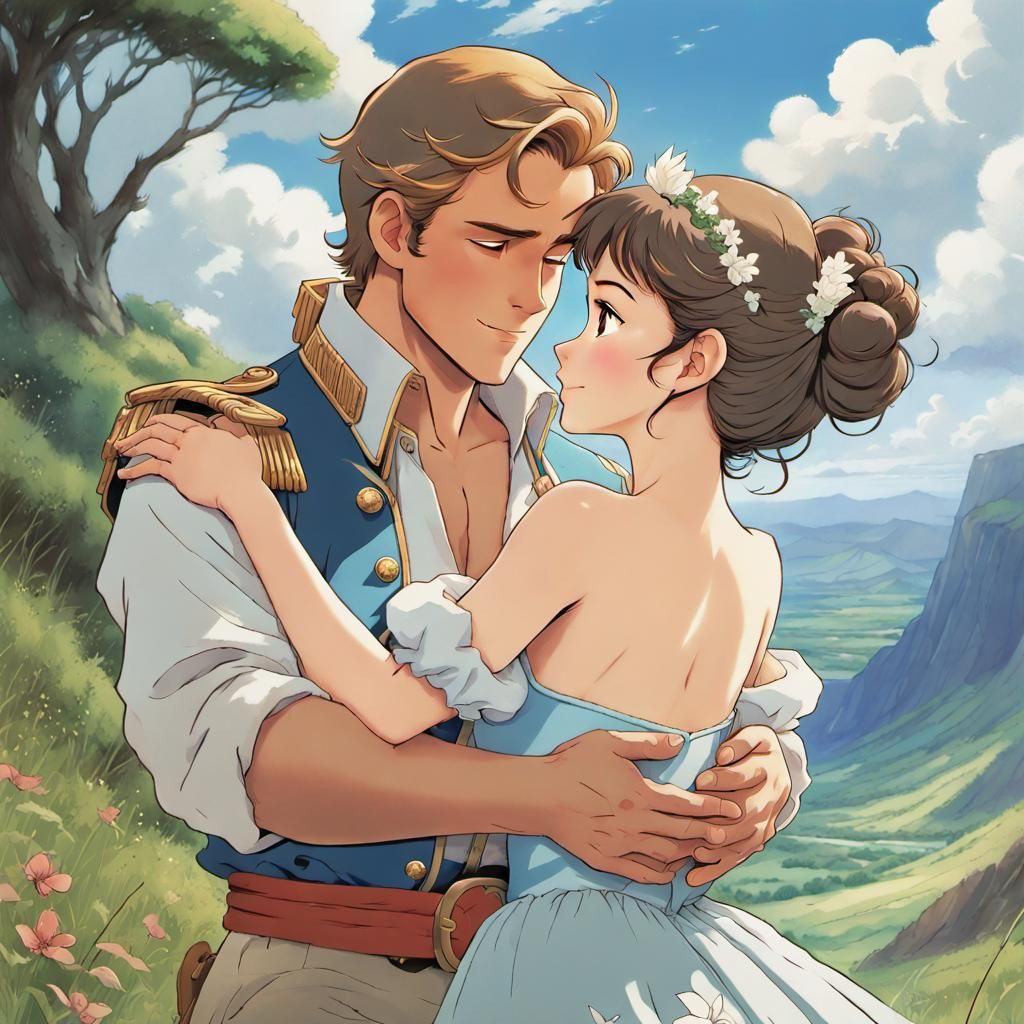 Anime Prince Charming Embraces Princess: Manga Illustration