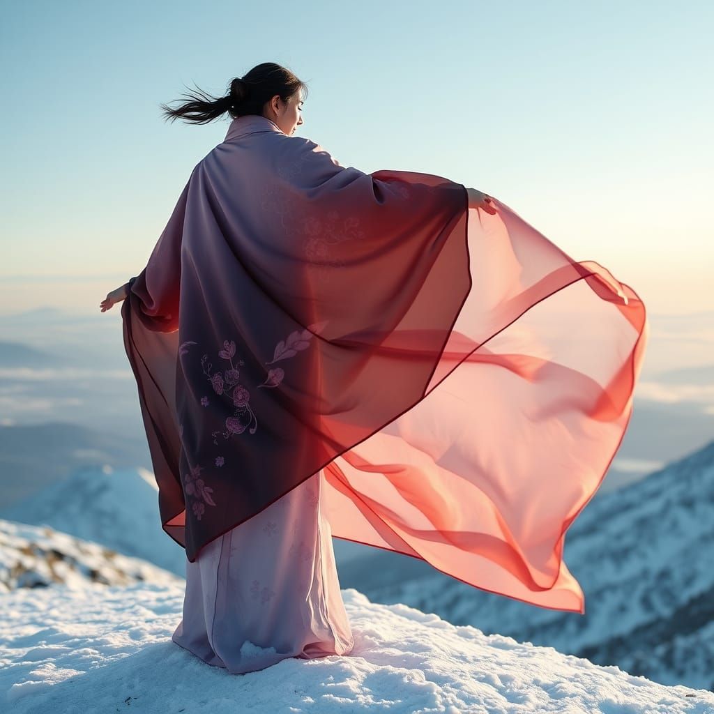 Woman in Alcohol Ink Silk Cape on Snowy Mountain