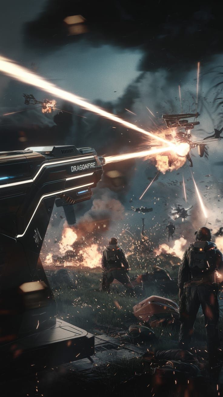 Futuristic Battlefield: Dragonfire Laser Strikes Drones