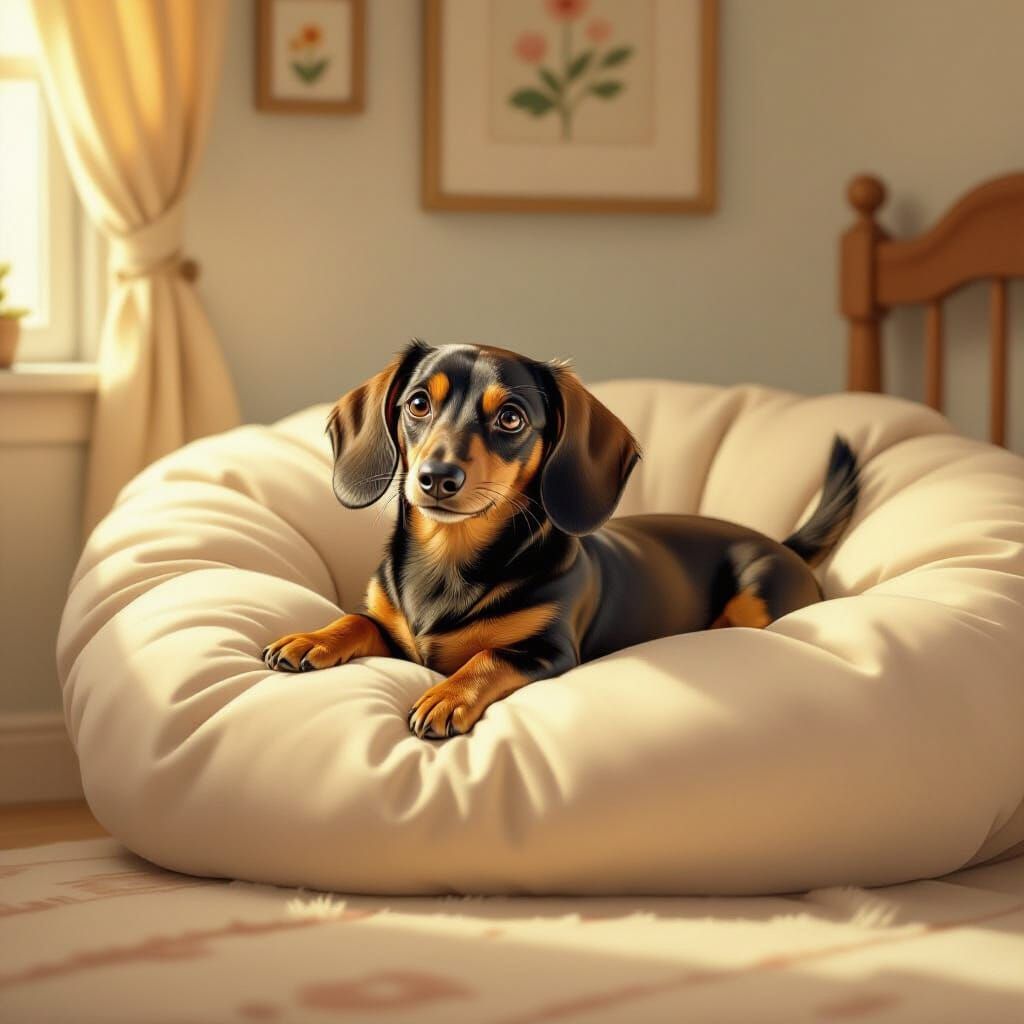 Dachshund Dog Relaxing in Plush Bed in Warm Light
