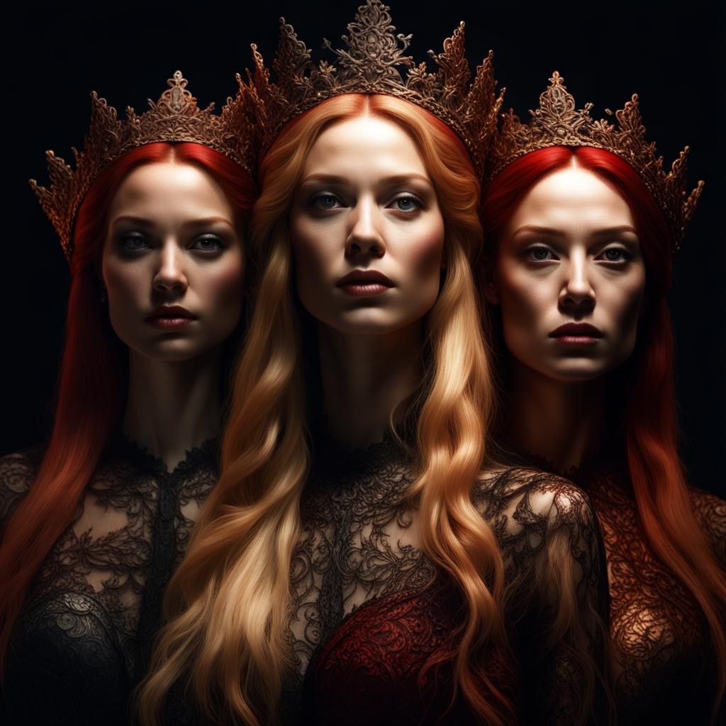 Photorealistic Trio Portrait of Queens in Darkness