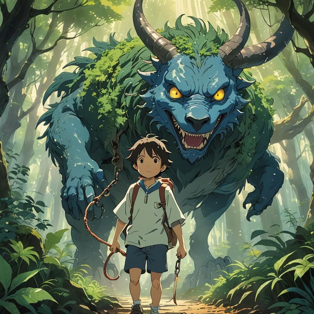 Crying Demon with Dragon in Ghibli Anime Style