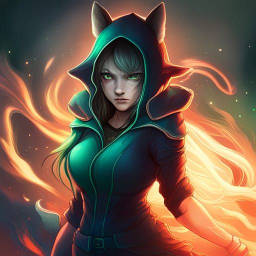 Anime Wolf Girl with Demon Wings and Green Eyes