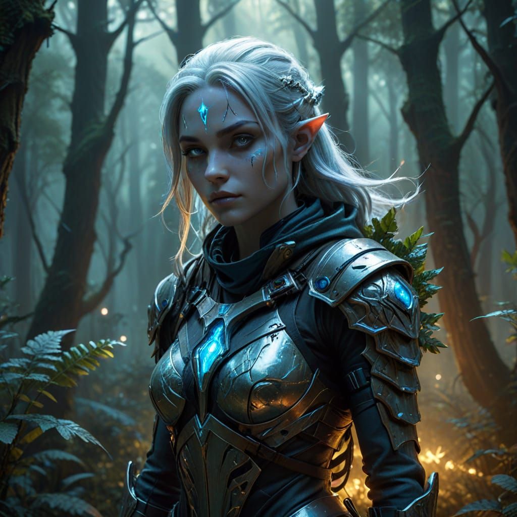 Astronaut and Drow in Bioluminescent Forest