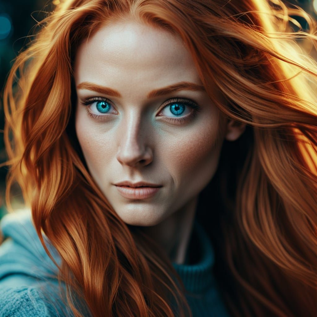 Girl with Ginger Hair and Bright Blue Eyes