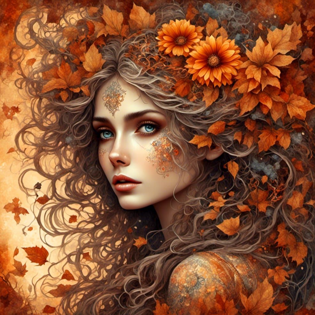 Gothic Woman Surrounded by Autumn Flowers Illustration