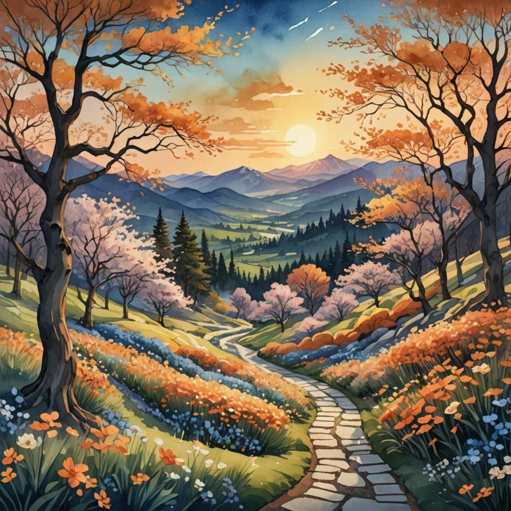 Spring Sunset: Digital Watercolor Fantasy Landscape