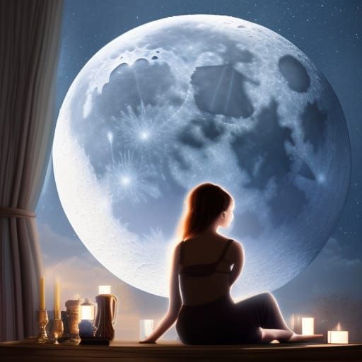 Woman Gazing at Moonlit Sky: Digital Matte Painting