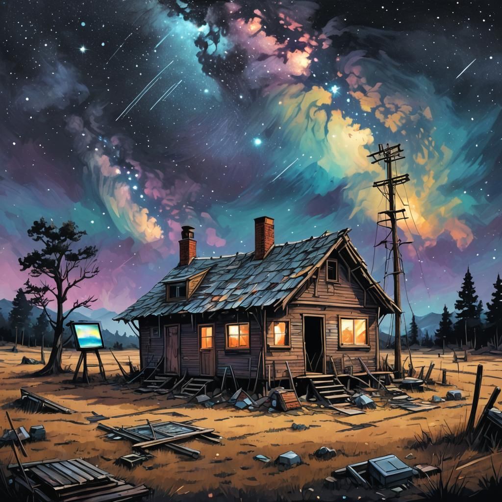 Glitch Art: Destroyed Hut Under Starry Sky