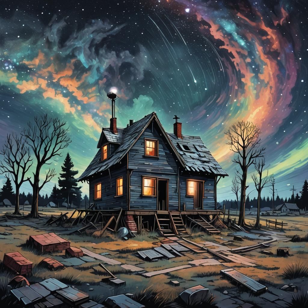 Glitch Art Hut Disappearing into Starry Night