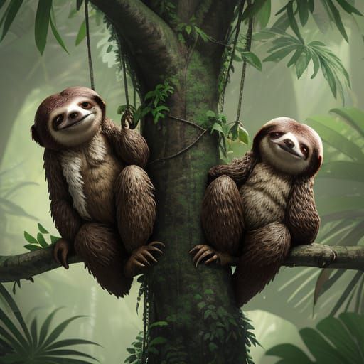 Two Friendly Sloths in Rainforest Tree