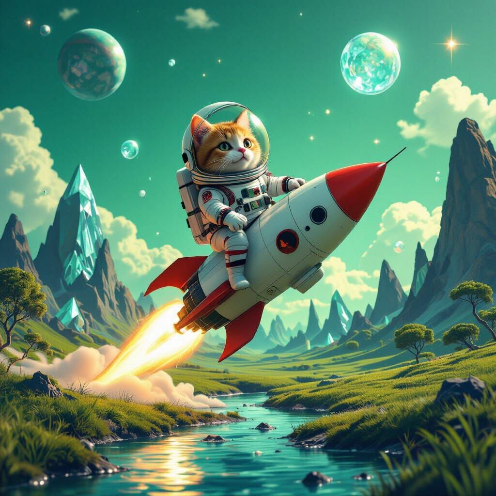 Cat Astronaut Lands on Planet Namek: Sci-Fi Landscape